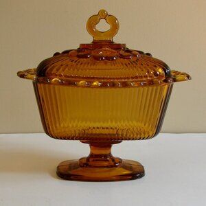 Vintage Amber Glass Candy Dish With Lid Indiana Glass Old Colony Open Lace